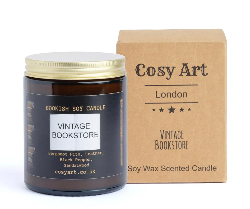 vintage bookstore book inspired soy wax scented candle 180ml in Amber Glass Jar