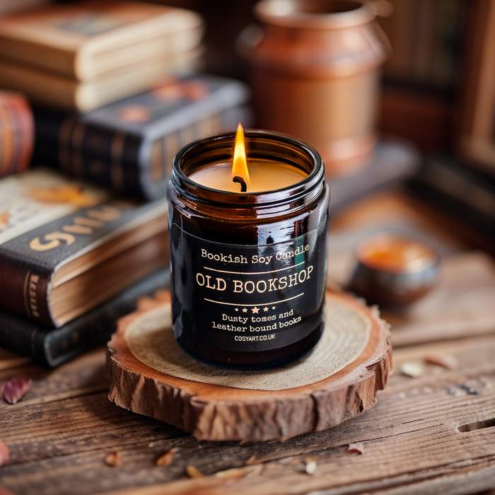 Old Bookshop Candle by Cosy Art London in amber jar with vintage-style label, cosy literary scent for book lovers and readers.