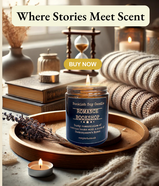 Romance Bookshop Candle in a recyclable glass jar with warm vanilla and aged paper scent, perfect for book lovers.