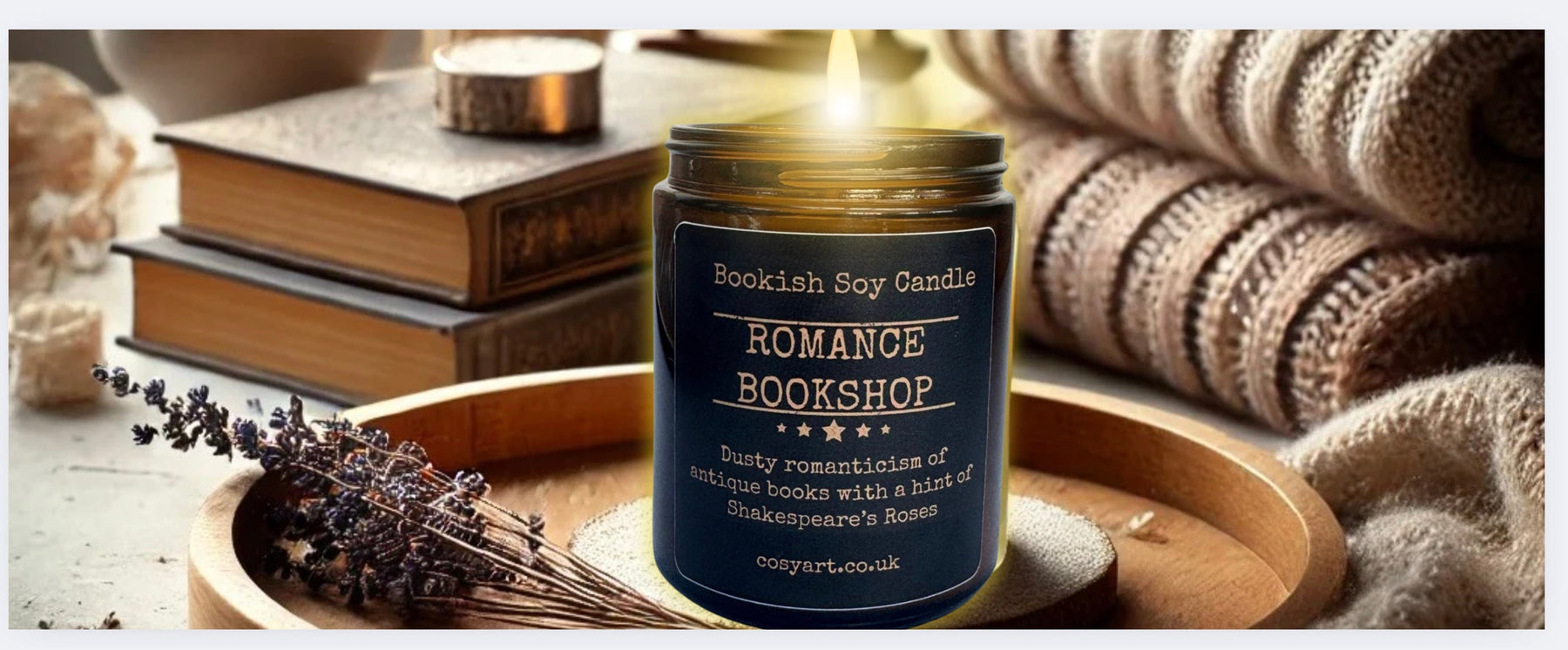 Cosy Art London Romance Bookshop Candle in a cosy environment with books and blanket