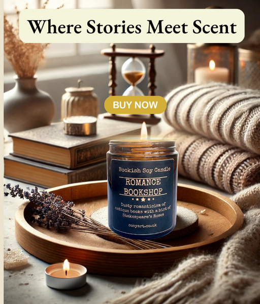 Romance Bookshop Candle in a recyclable glass jar with warm vanilla and aged paper scent, perfect for book lovers.
