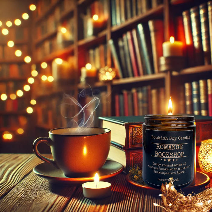 Romance Bookshop Candle in a recyclable glass jar with warm vanilla and aged paper scent, perfect for book lovers.