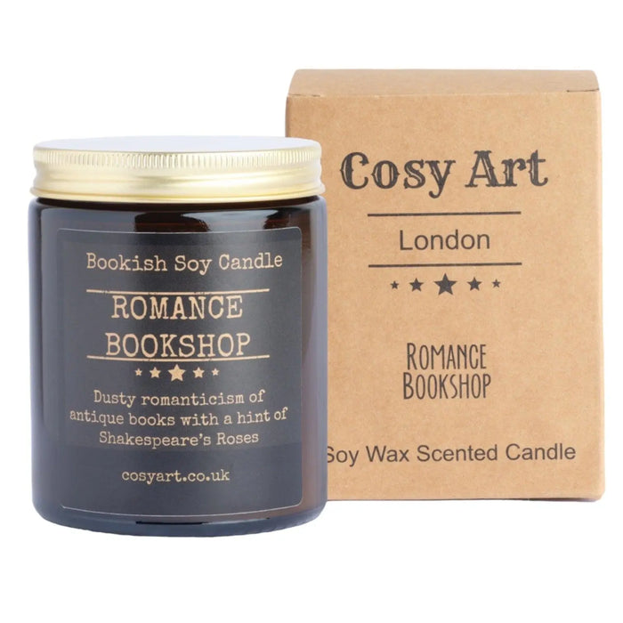 Romance Bookshop Candle in a recyclable glass jar with warm vanilla and aged paper scent, perfect for book lovers.
