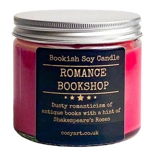 romance bookshop bookish soy wax scented candle  book lovers candle 250ml  burning time 60 hours handmade in london vegan natural dusty romanticism of antique books with a hint of shakespeares roses 
