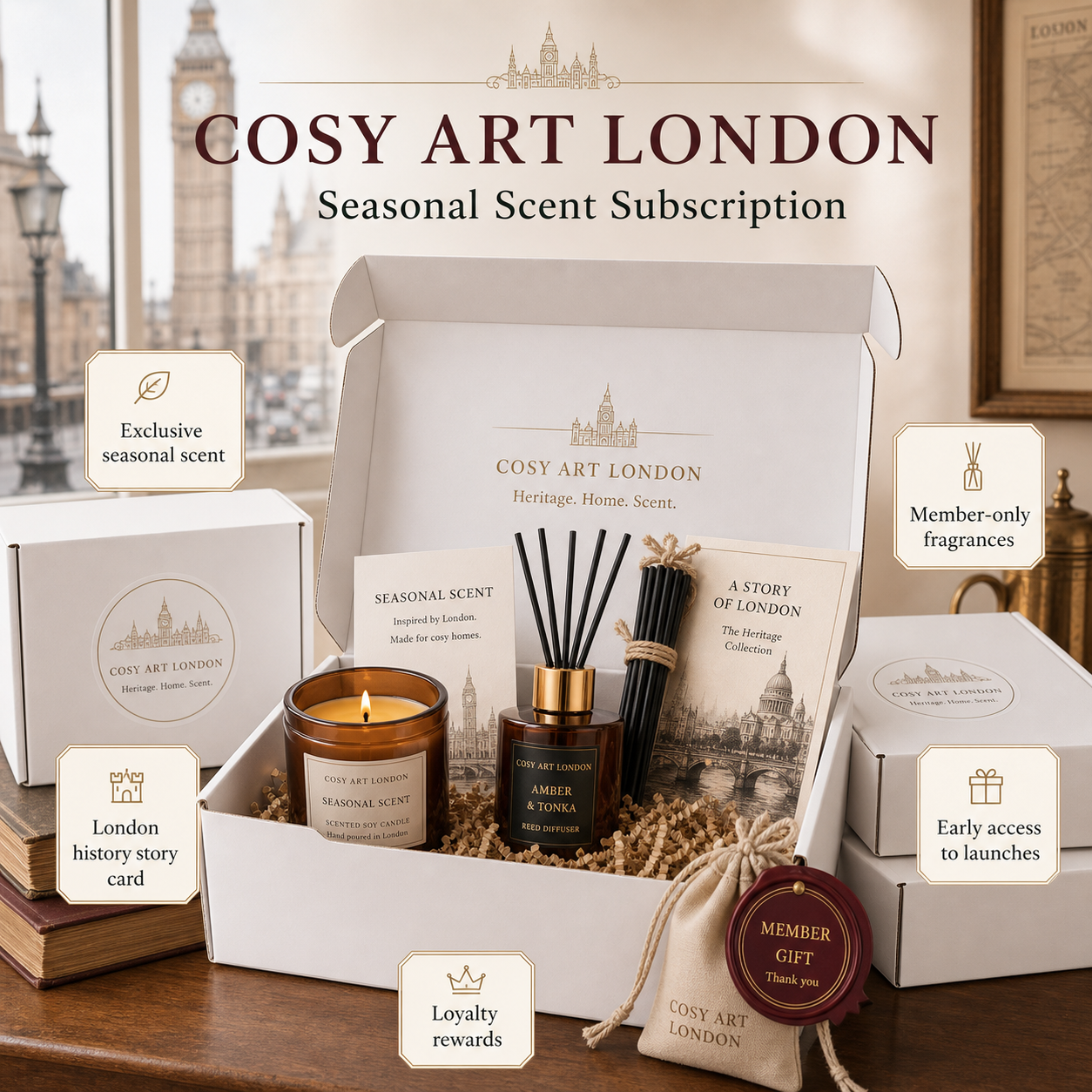 Cosy Art London seasonal scent subscription box with candle, diffuser, story card and member gift